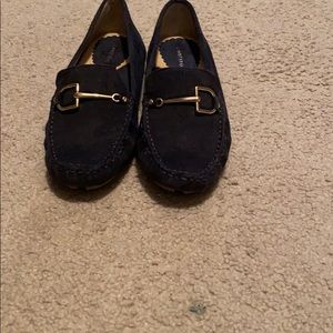 Blue suede loafers